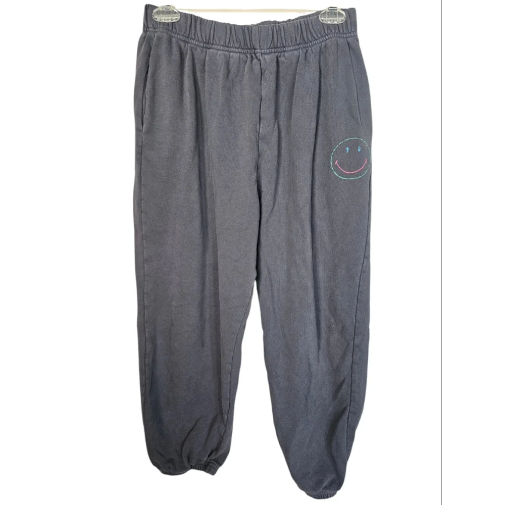 Miou Muse Josie Jogger Pants French Terry Charcoal Grey Smiley Face Size Med EUC - Picture 1 of 5